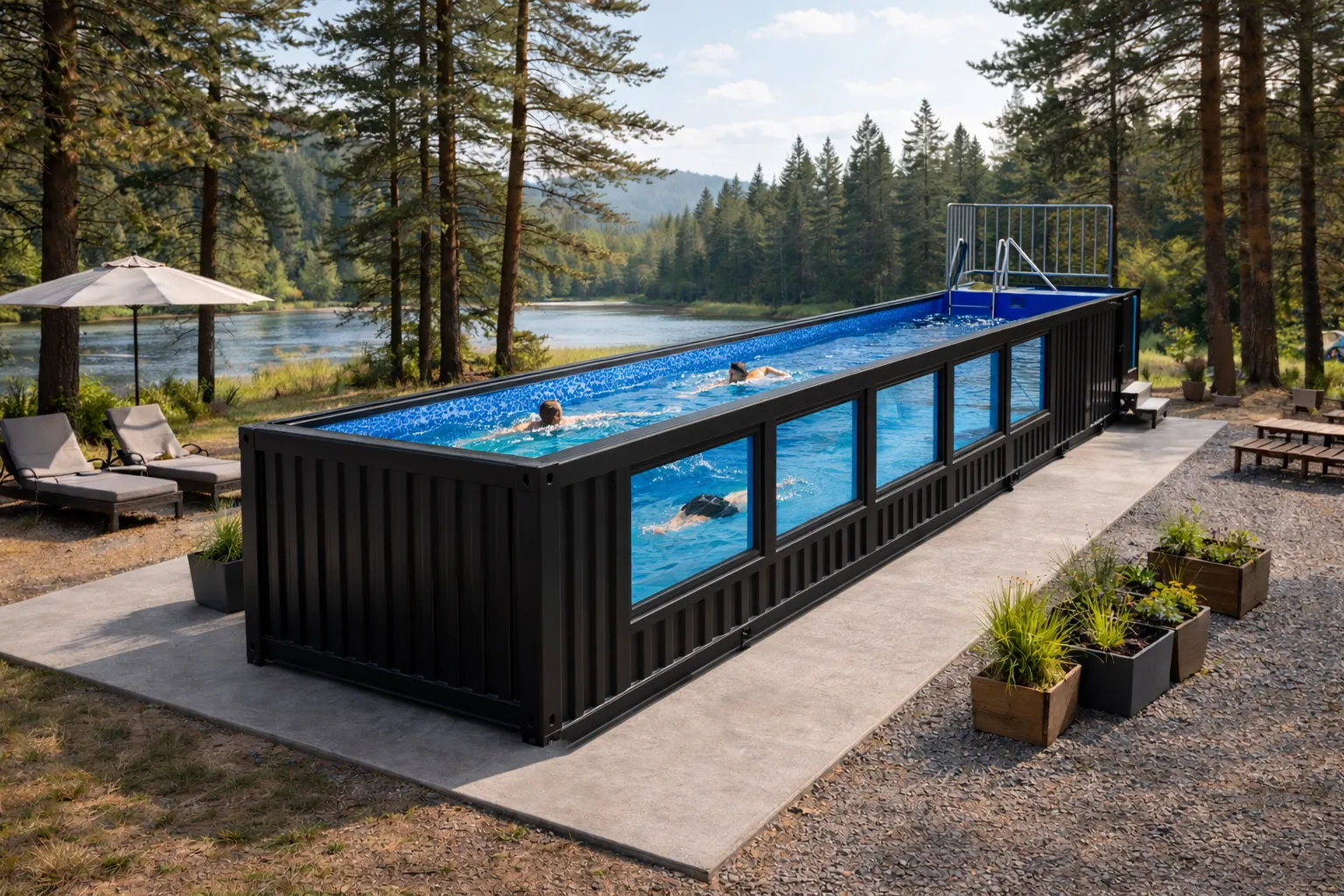 Piscine Conteneur 40' — Grand couloir de nage de 40 pieds. Confort baignade vaste et