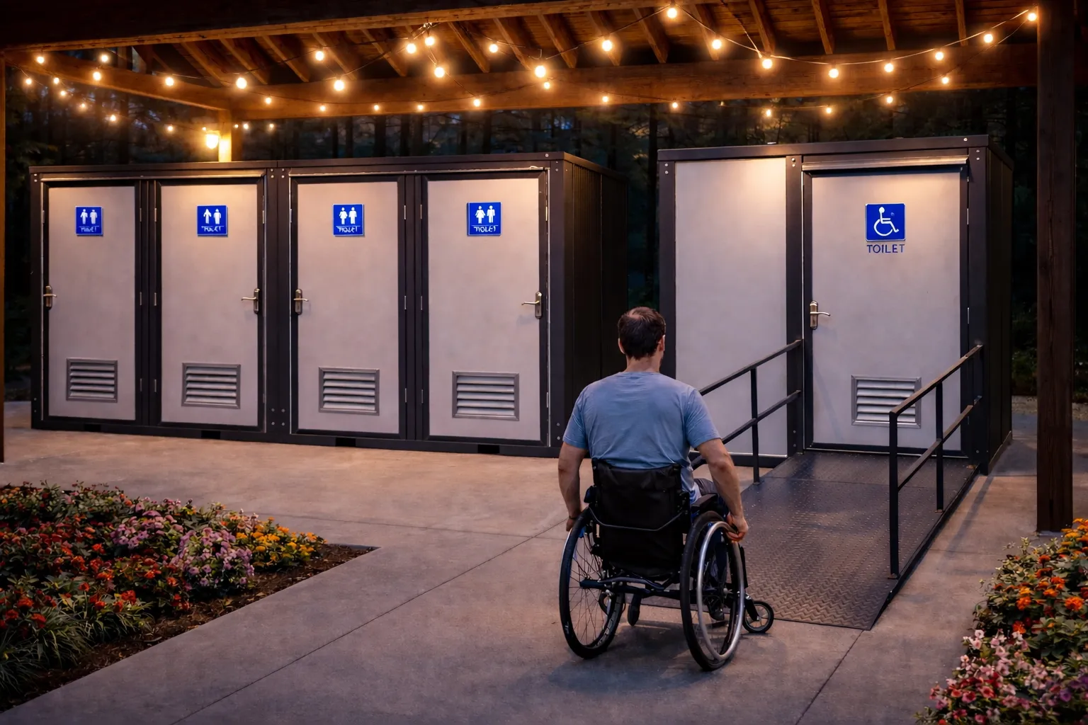 Toilette avec Rampe 7' — Unité sanitaire accessible avec plateforme et rampe intégrée